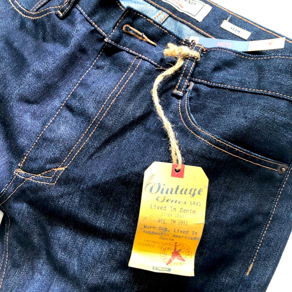 Vintage Genes 1891 Dark Blue Slim Straight Denim Jeans W/Belt Size 34 x 32 NWT